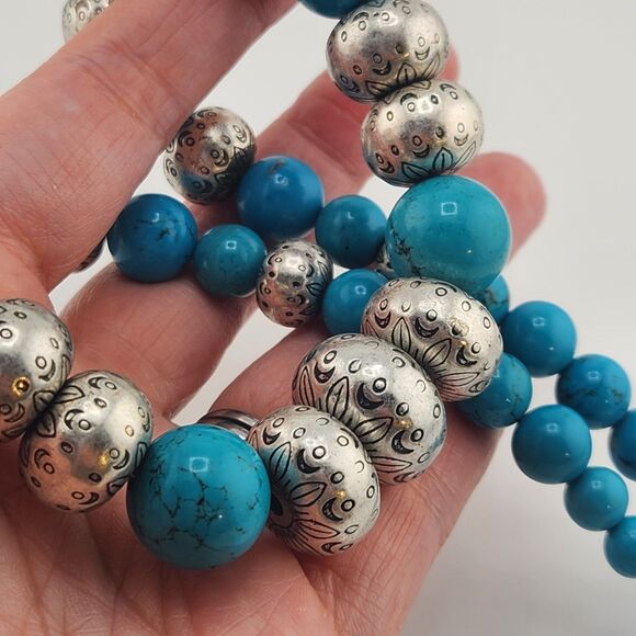 Vintage Faux Turquoise Necklace 20" Southwest Boho Coldwater Creek Silver Etched - Picture 4 of 7